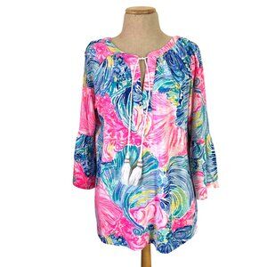 Lilly Pulitzer Women's Sz M Elsa Printed Tunic Top W/ Tassel Tie Neck 3/4